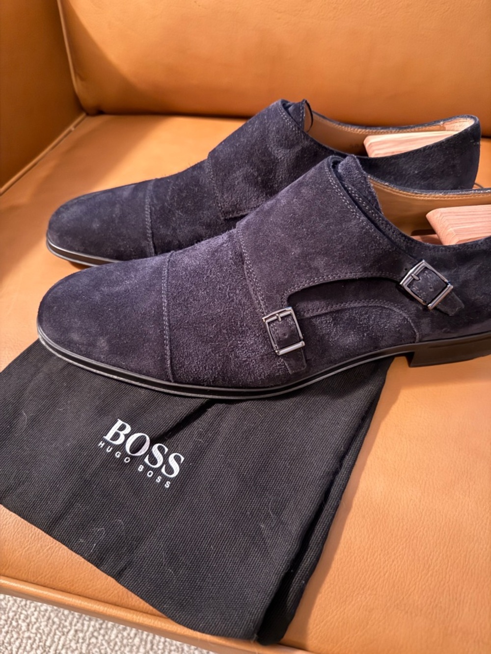 BOSS Men's Double Monk Strap Blue Suede Shoes in Navy Sz 11